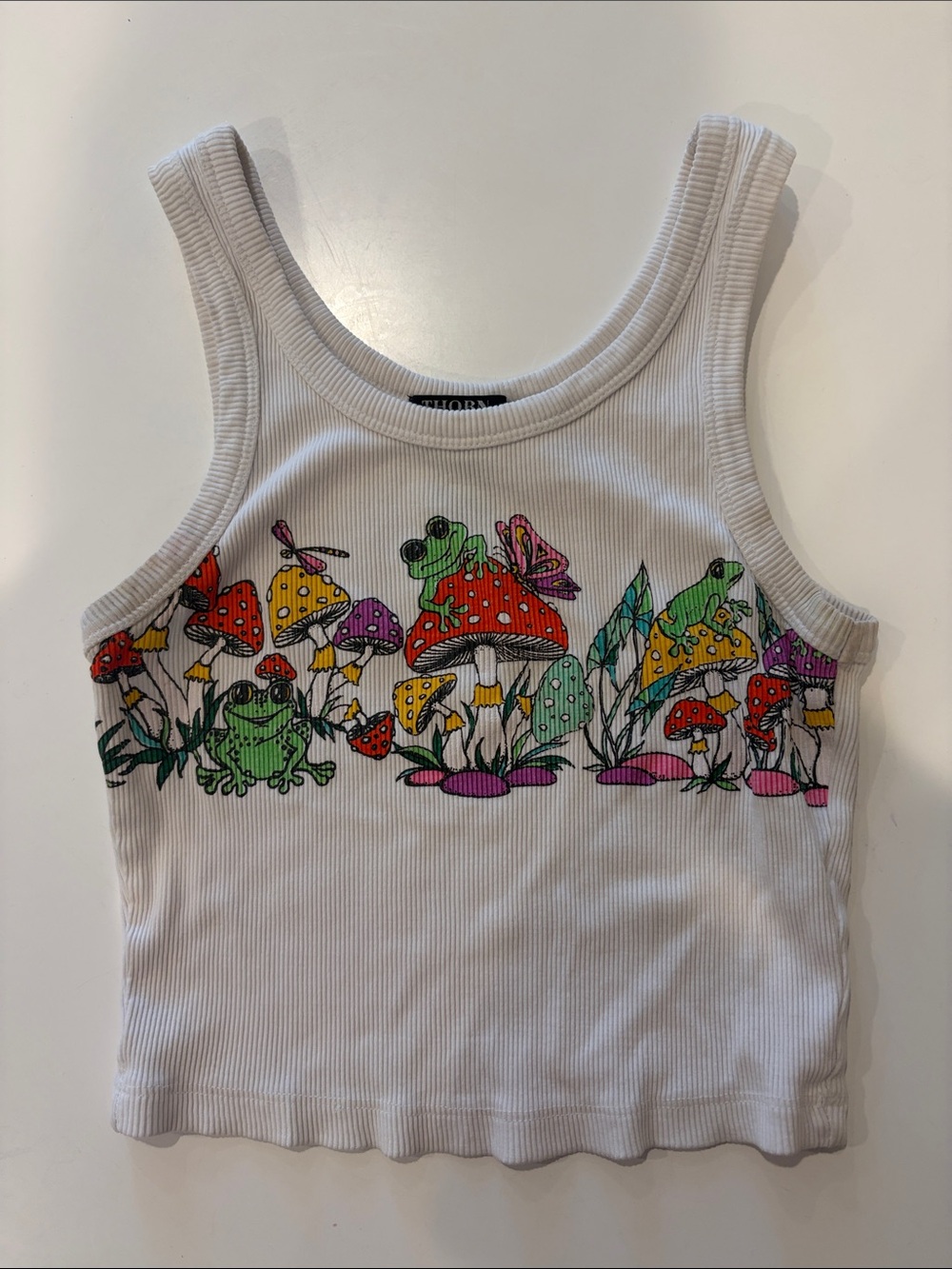 White Ribbed Tank Top with Colorful Frog & Mushroom Print